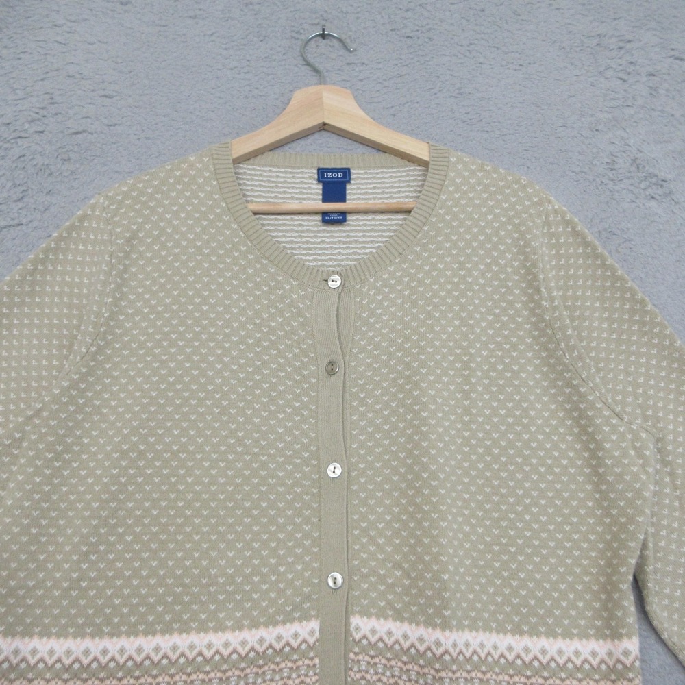 IZOD Cardigan Sweater Women XL Beige Pink Fair Isle Nordic Preppy Winter Lodge - Picture 6 of 14
